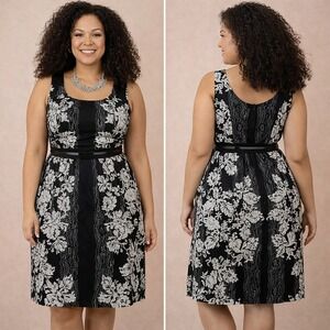City Chic Black Floral Print Sleeveless Fit Flare Belted Dress Size 16